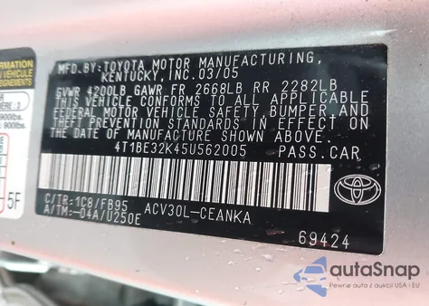 2005 Toyota Camry Le from USA, damaged, VIN 4T1BE32K45U562005